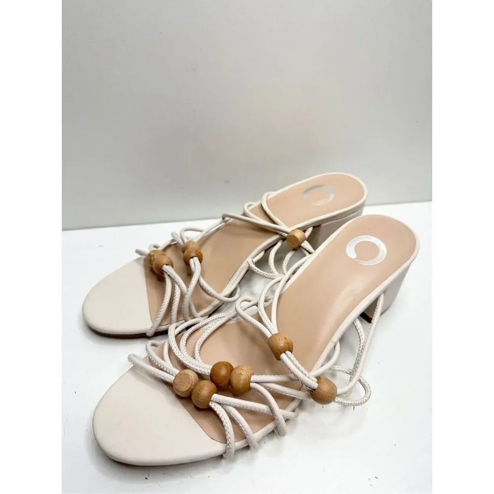 Journee Collection Sandals‎ Size 6.5 Ivory Slip On Block Heel Open Toe Strappy